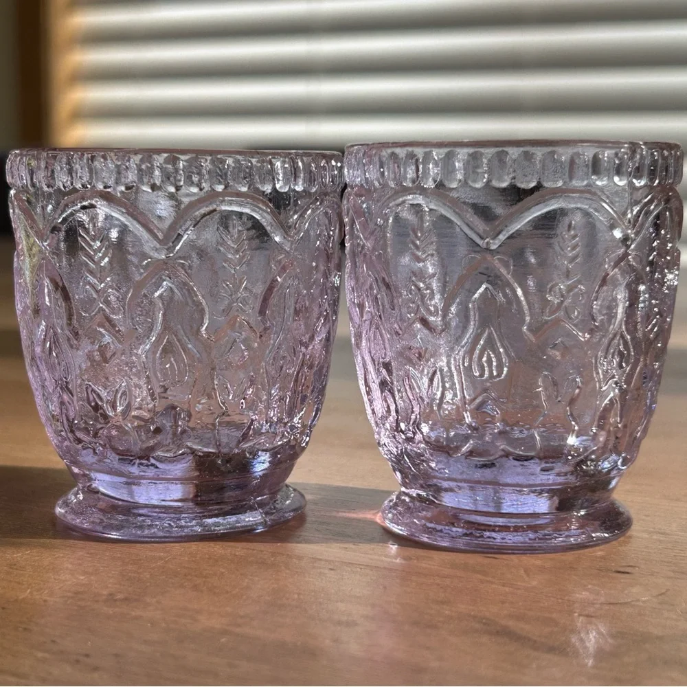 Set of 2 Embossed Lavender Glass Votive Holders, Romantic & Whimsical